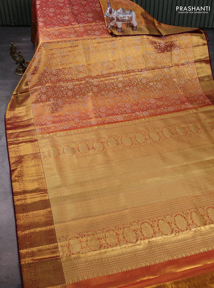 Golden Orange & Maroon Pure Kanchipuram Tissue Silk Saree