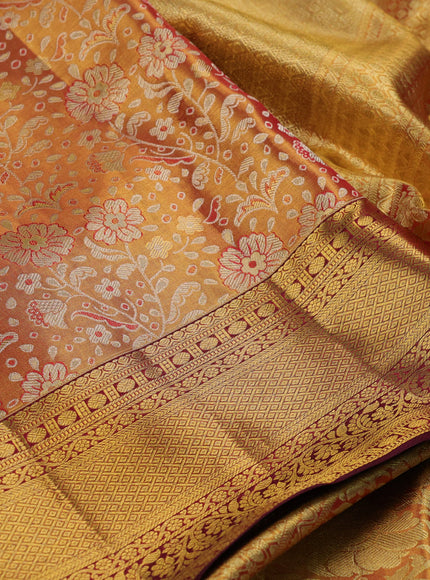 Golden Orange & Maroon Pure Kanchipuram Tissue Silk Saree