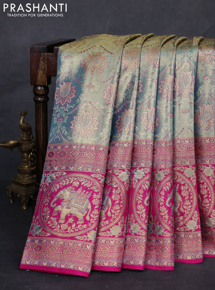 Pastel Blue & Pink Pure Kanchipuram Tissue Silk Saree