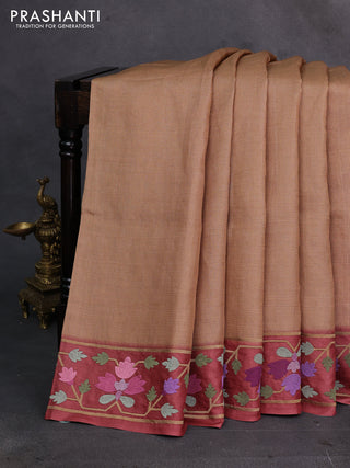 Sandal & Brown Pure Tussar Silk - Embroidery