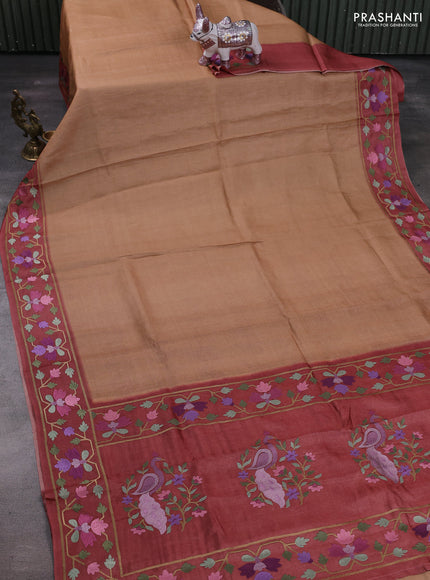 Sandal & Brown Pure Tussar Silk - Embroidery