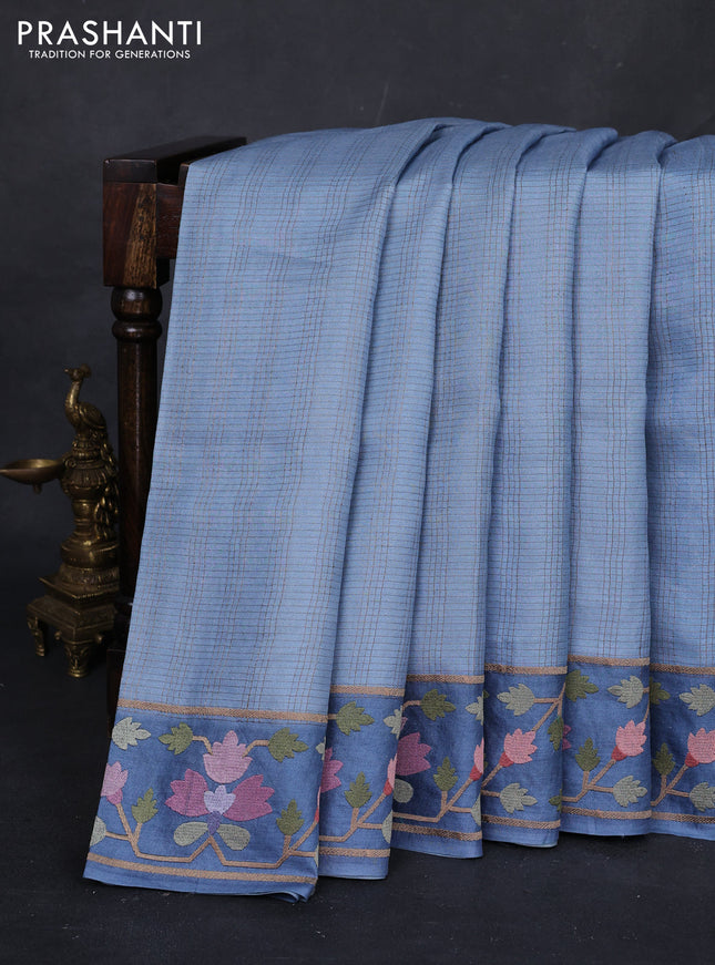 Pastel Blue & Blue Pure Tussar Silk - Embroidery