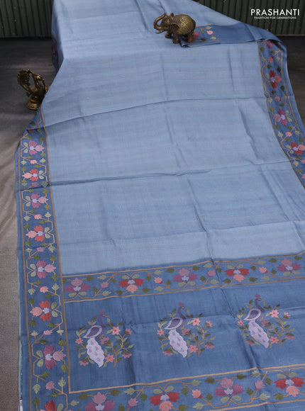 Pastel Blue & Blue Pure Tussar Silk - Embroidery