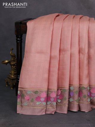 Peach & Beige Pure Tussar Silk - Embroidery