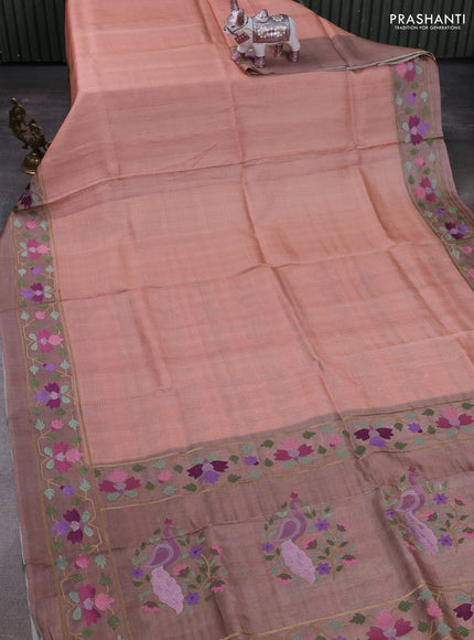 Peach & Beige Pure Tussar Silk - Embroidery