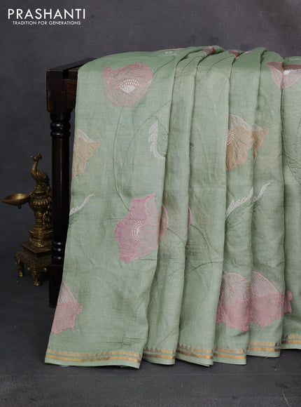Pista Green Pure Tussar Silk - Embroidery