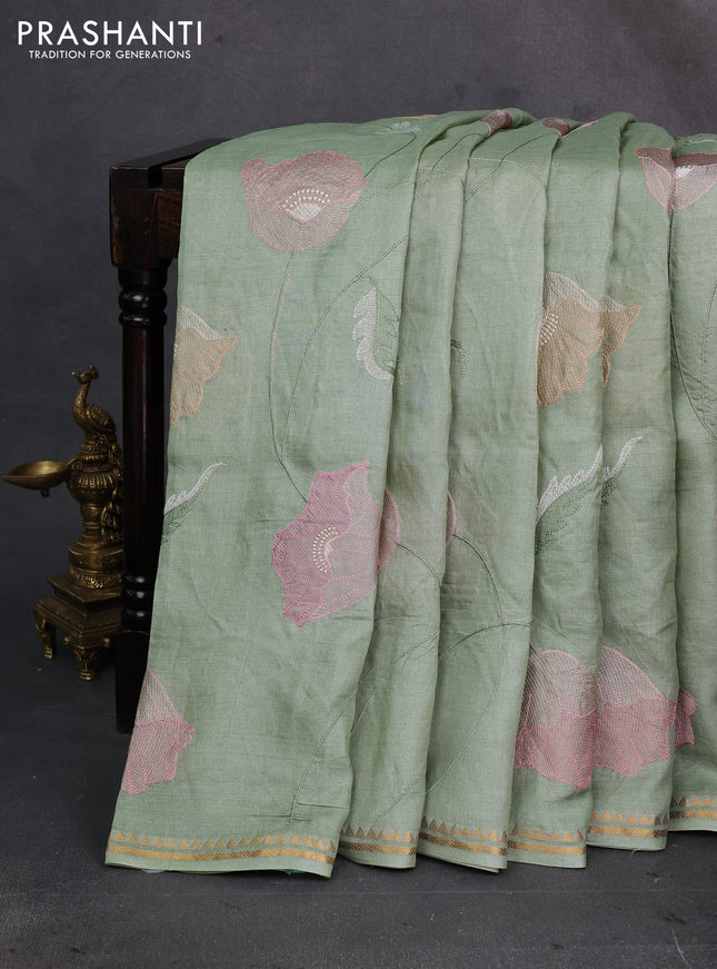 Pista Green Pure Tussar Silk - Embroidery