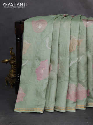 Pista Green Pure Tussar Silk - Embroidery