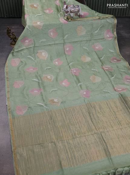 Pista Green Pure Tussar Silk - Embroidery