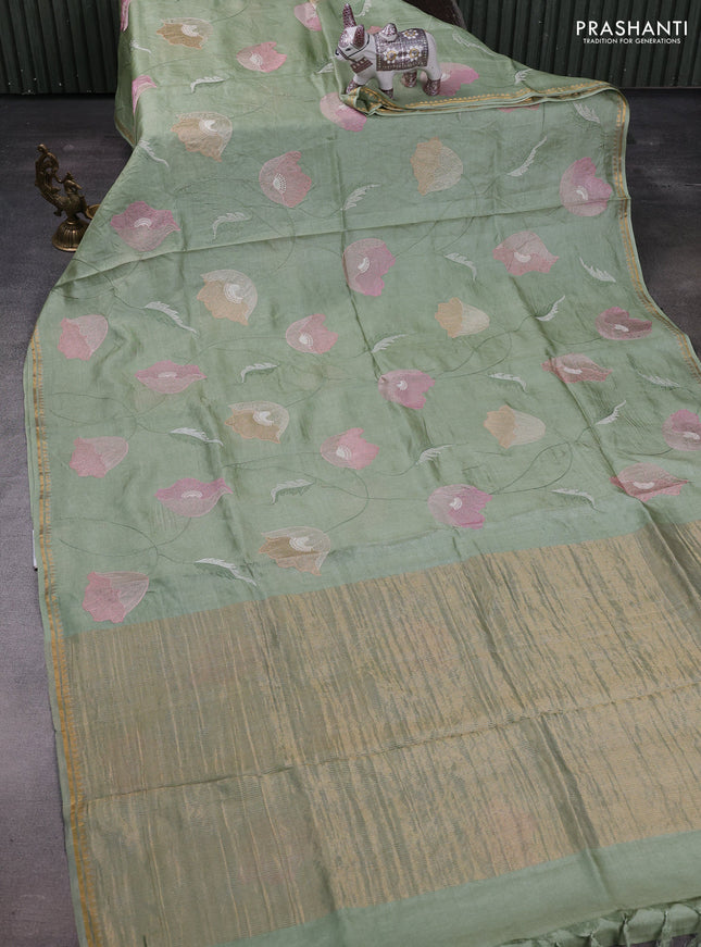 Pista Green Pure Tussar Silk - Embroidery