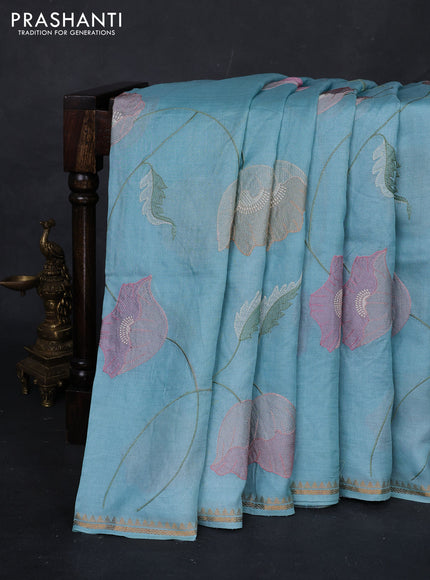 Light Blue Pure Tussar Silk - Embroidery
