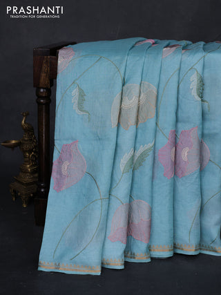 Light Blue Pure Tussar Silk - Embroidery