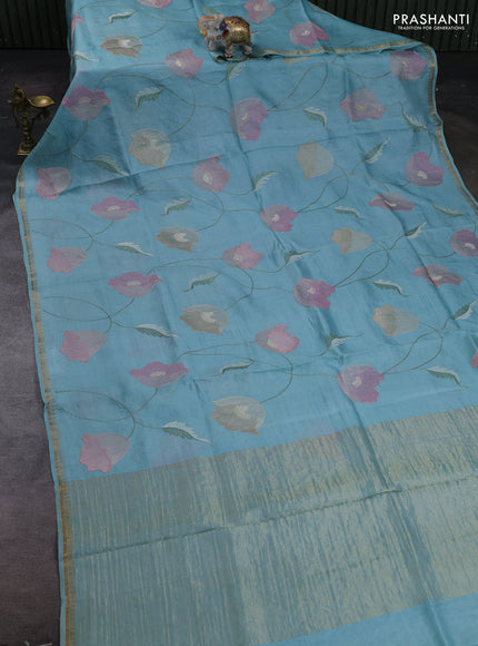 Light Blue Pure Tussar Silk - Embroidery