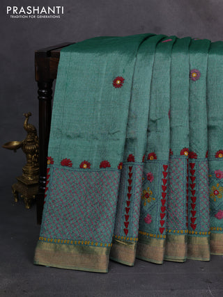 Teal Green Pure Tussar Silk - Embroidery
