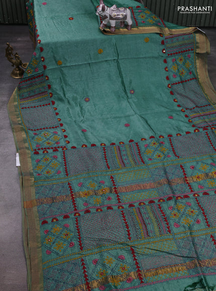 Teal Green Pure Tussar Silk - Embroidery