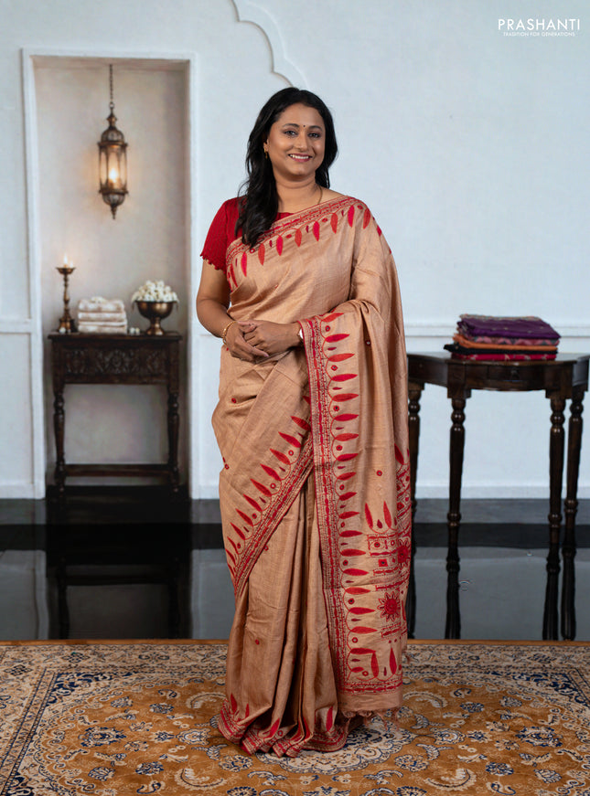 Beige Pure Tussar Silk - Embroidery