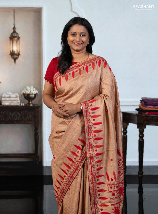 Beige Pure Tussar Silk - Embroidery