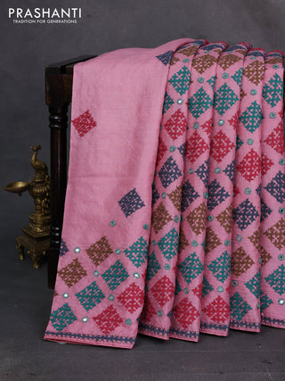 Peach Pink Pure Tussar Silk - Embroidery