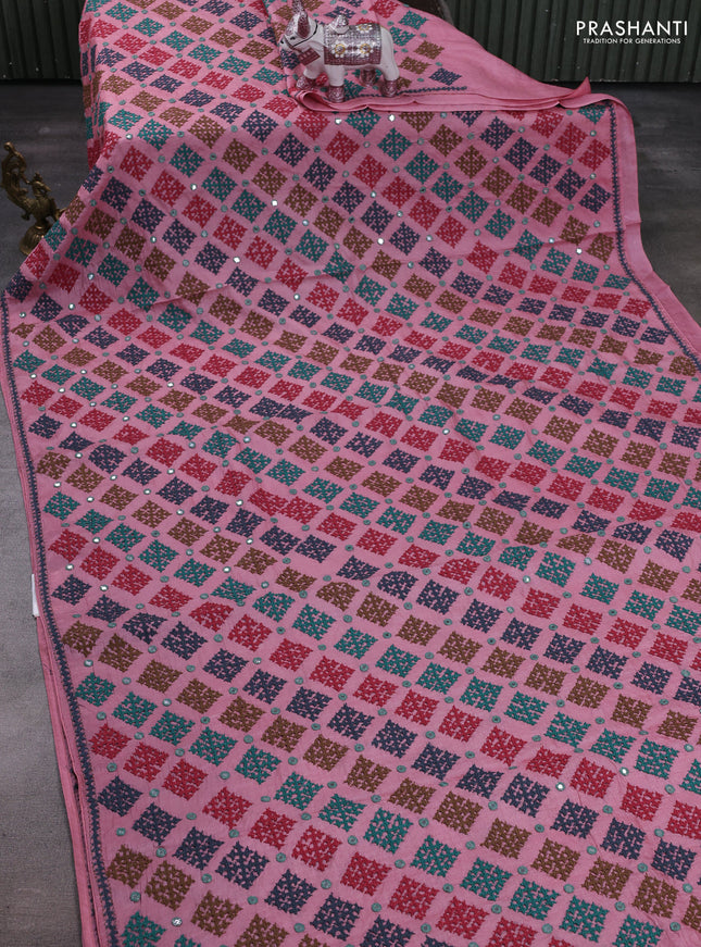Peach Pink Pure Tussar Silk - Embroidery