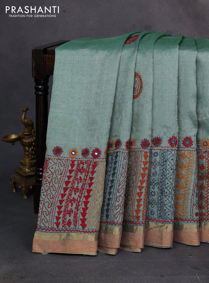 Pastel Green Pure Tussar Silk - Embroidery