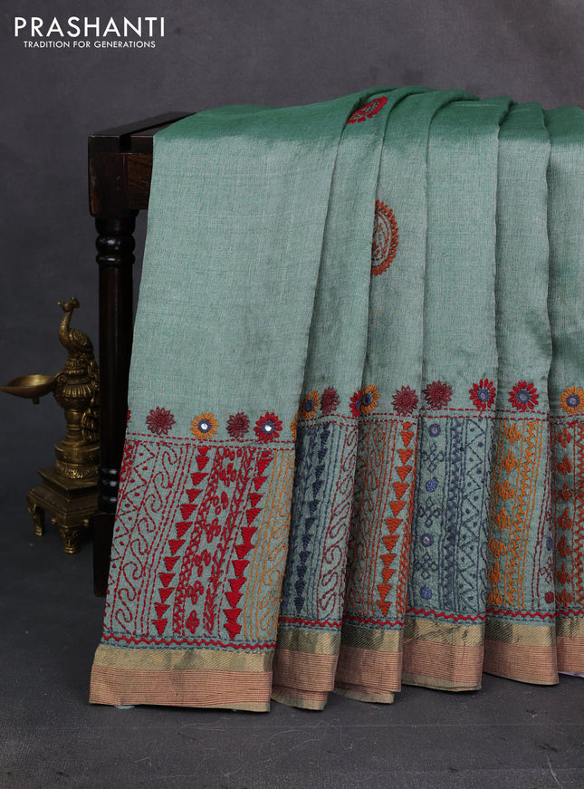 Pastel Green Pure Tussar Silk - Embroidery