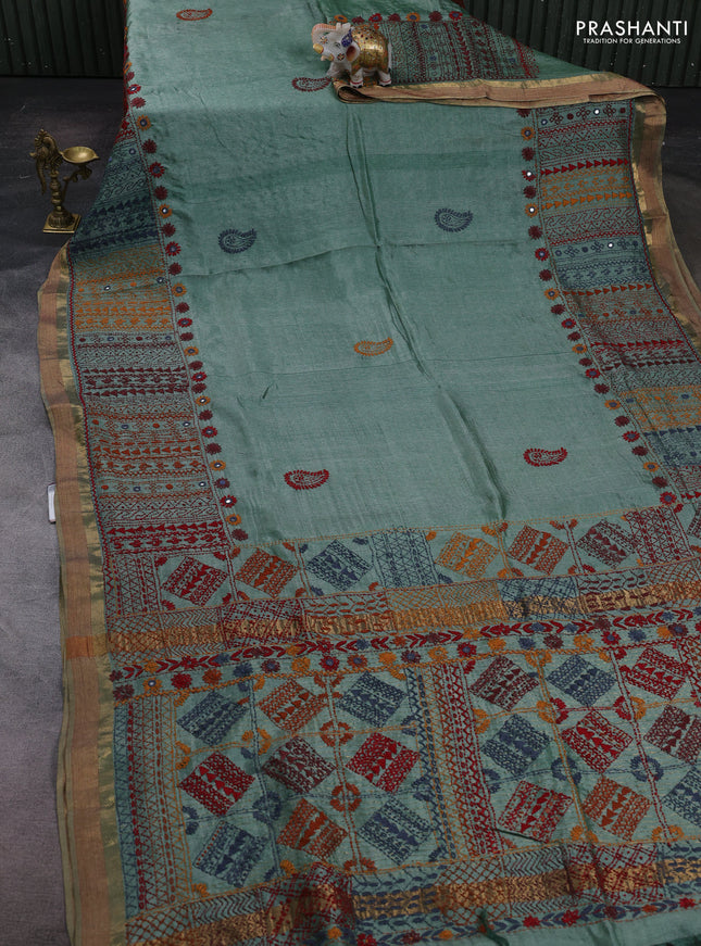 Pastel Green Pure Tussar Silk - Embroidery