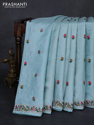 Sky Blue Pure Tussar Silk - Embroidery
