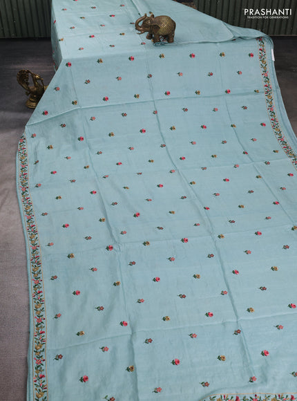 Sky Blue Pure Tussar Silk - Embroidery