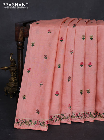 Peach Orange Pure Tussar Silk - Embroidery