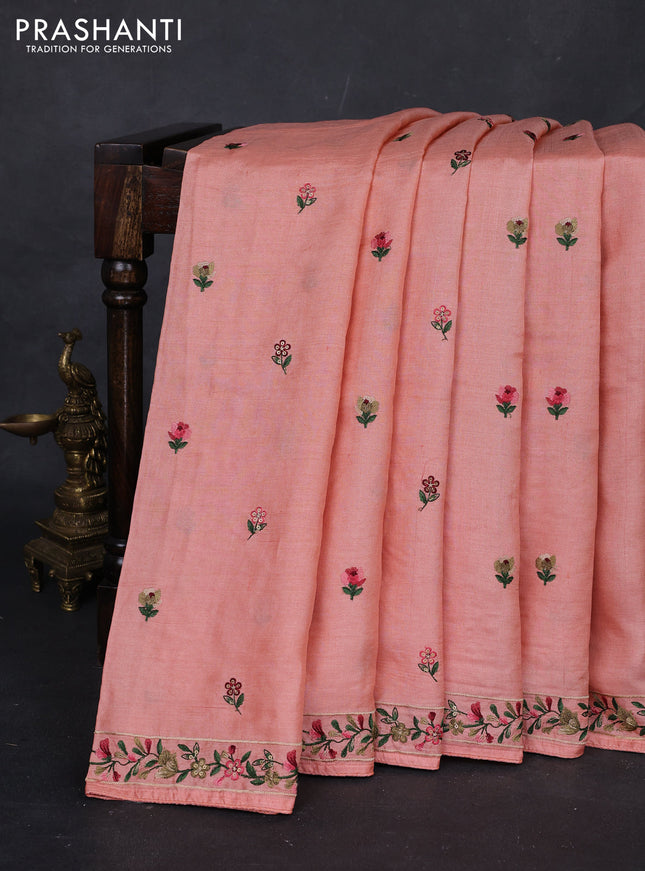 Peach Orange Pure Tussar Silk - Embroidery