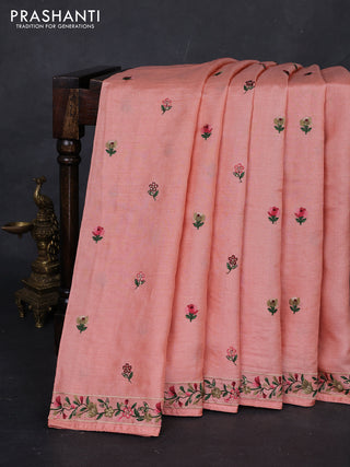 Peach Orange Pure Tussar Silk - Embroidery