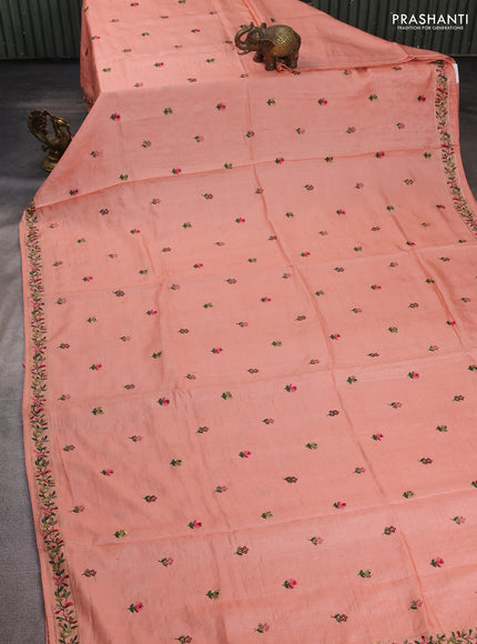 Peach Orange Pure Tussar Silk - Embroidery