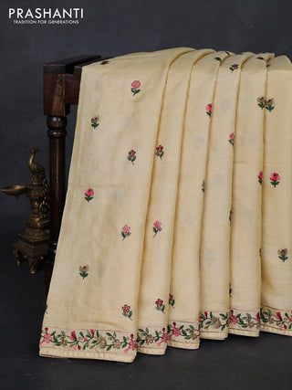 Pale Yellow Pure Tussar Silk - Embroidery