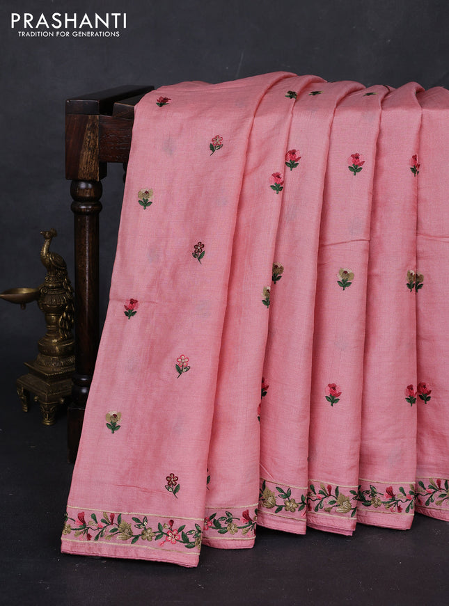 Peach Pink Pure Tussar Silk - Embroidery