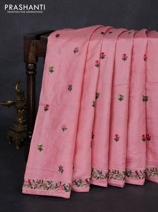 Peach Pink Pure Tussar Silk - Embroidery