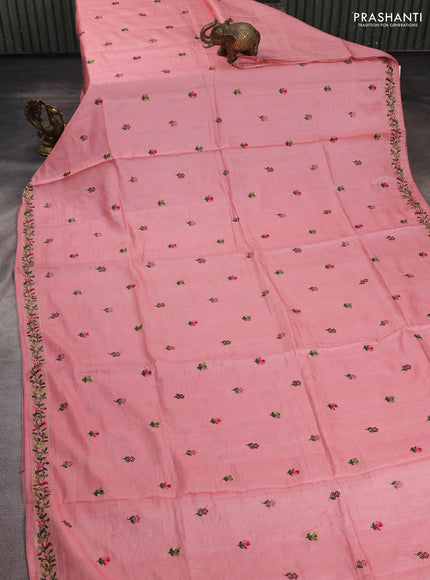 Peach Pink Pure Tussar Silk - Embroidery