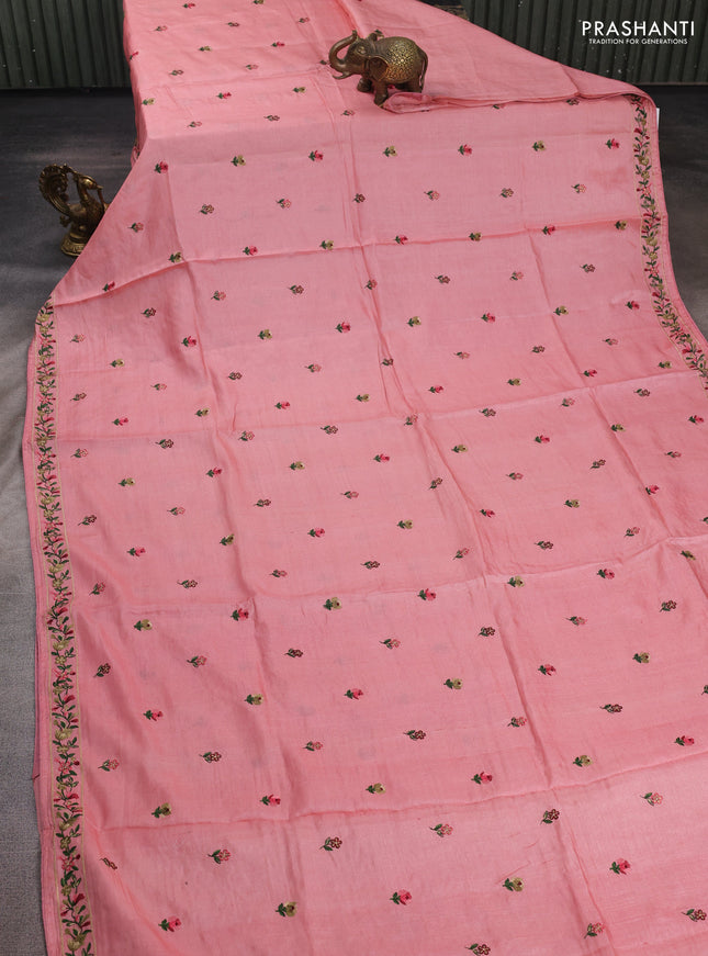 Peach Pink Pure Tussar Silk - Embroidery
