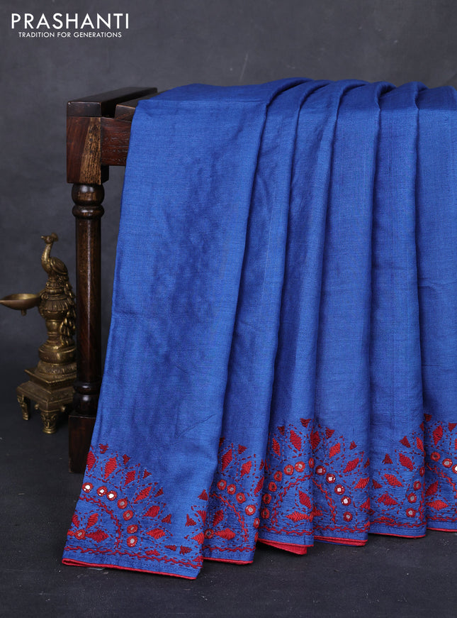 Blue Pure Tussar Silk - Embroidery