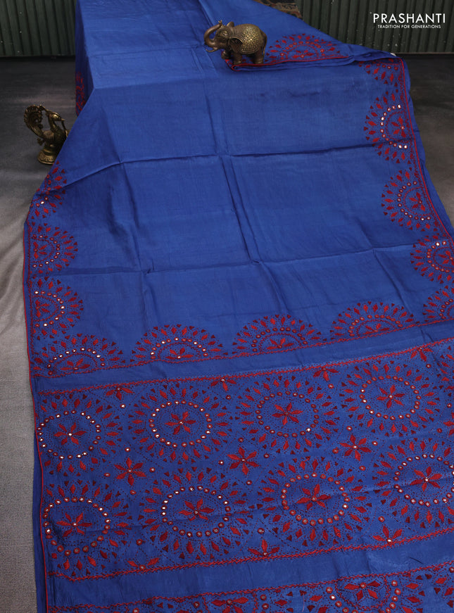 Blue Pure Tussar Silk - Embroidery