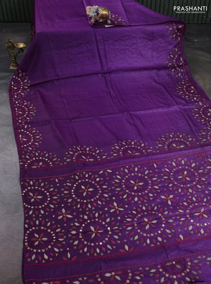 Purple Pure Tussar Silk - Embroidery