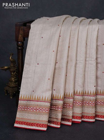 Beige & Maroon Pure Tussar Silk - Embroidery