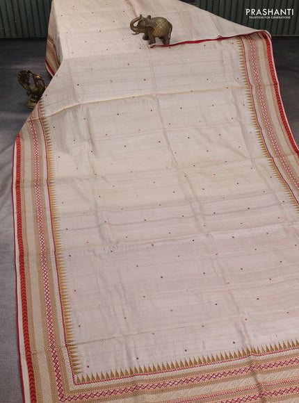Beige & Maroon Pure Tussar Silk - Embroidery
