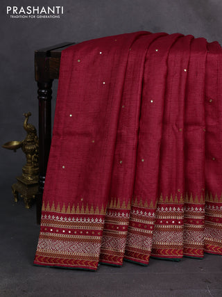 Maroon & Green Pure Tussar Silk - Embroidery