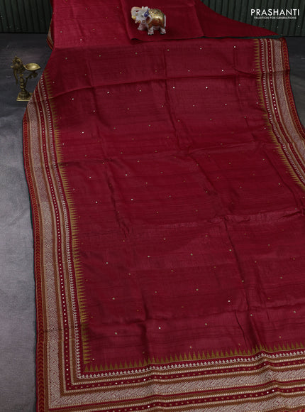 Maroon & Green Pure Tussar Silk - Embroidery