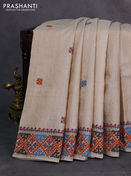 Beige Pure Tussar Silk - Embroidery