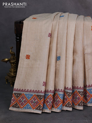 Beige Pure Tussar Silk - Embroidery