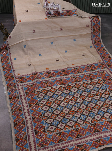 Beige Pure Tussar Silk - Embroidery