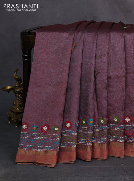 Pastel Maroon Pure Tussar Silk - Embroidery