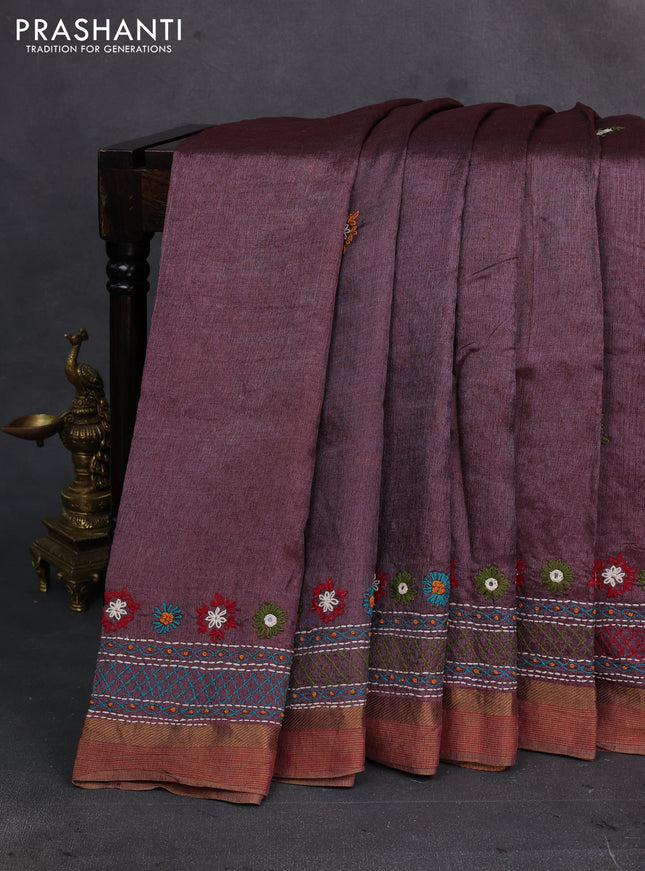 Pastel Maroon Pure Tussar Silk - Embroidery