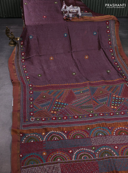 Pastel Maroon Pure Tussar Silk - Embroidery